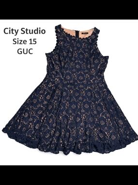 City Studio Fit & Flare Floral Lace Dress Navy Beige Size 15, Pre-Loved